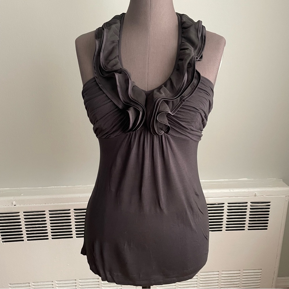 Express Charcoal ruffled halter tank top.
